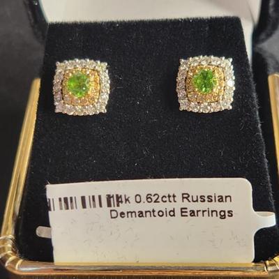14k .62 Natural Russian Demantoid Garnet Diamond Earrings