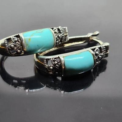 Sterling Silver Faux Turquoise Hoop Earrings 1 Inch