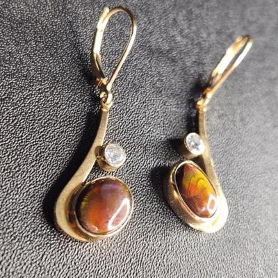 Very Rare 14k Gold Mexican Fire Agate Diamond Earrings