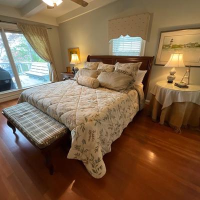 King Size Indonesian Wood Sleigh Bed With Mattress And Custom Bedding & Fabric Side Table