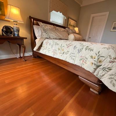King Size Indonesian Wood Sleigh Bed With Mattress And Custom Bedding & Fabric Side Table