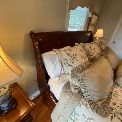 King Size Indonesian Wood Sleigh Bed With Mattress And Custom Bedding & Fabric Side Table