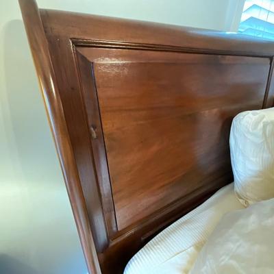 King Size Indonesian Wood Sleigh Bed With Mattress And Custom Bedding & Fabric Side Table