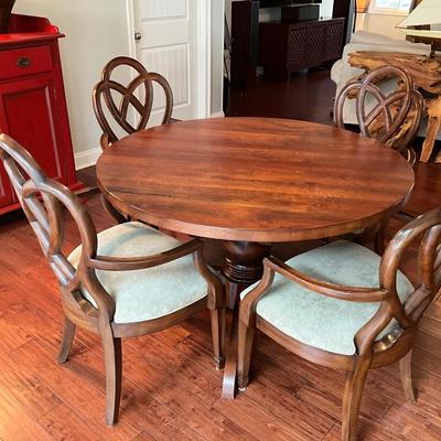Custom Made Pedestal Table And Ethan Allen Ribbon Back Armchairs