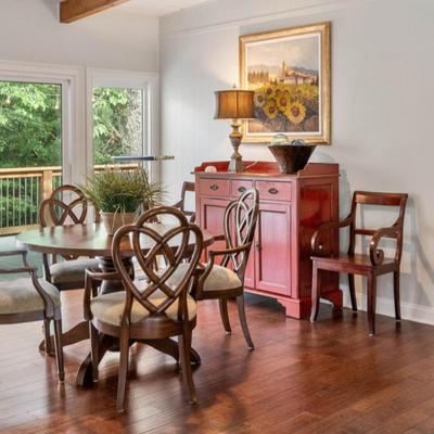 Custom Made Pedestal Table And Ethan Allen Ribbon Back Armchairs