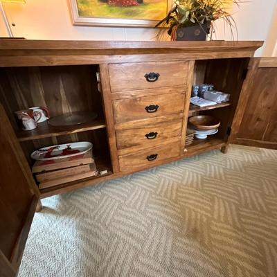 Wood Storage Cabinet, Pair of Lamps & Flowers