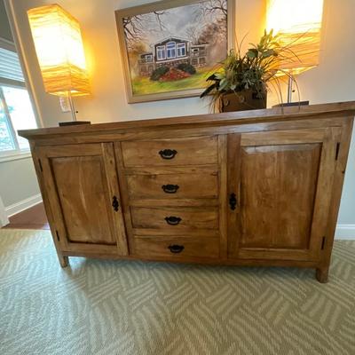 Wood Storage Cabinet, Pair of Lamps & Flowers