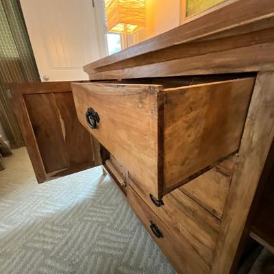 Wood Storage Cabinet, Pair of Lamps & Flowers