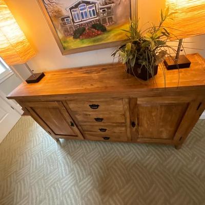 Wood Storage Cabinet, Pair of Lamps & Flowers