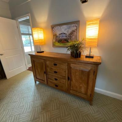 Wood Storage Cabinet, Pair of Lamps & Flowers