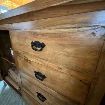 Wood Storage Cabinet, Pair of Lamps & Flowers