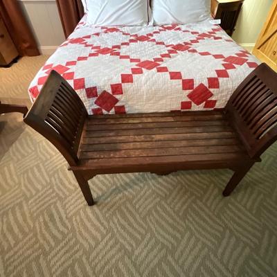 Queen Size Wood Headboard Frame, Mattress, Bedding And Bench