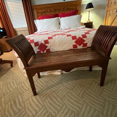Queen Size Wood Headboard Frame, Mattress, Bedding And Bench