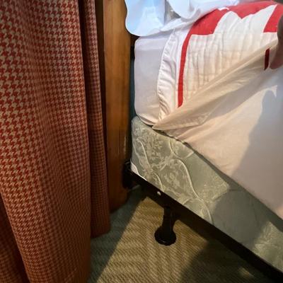 Queen Size Wood Headboard Frame, Mattress, Bedding And Bench