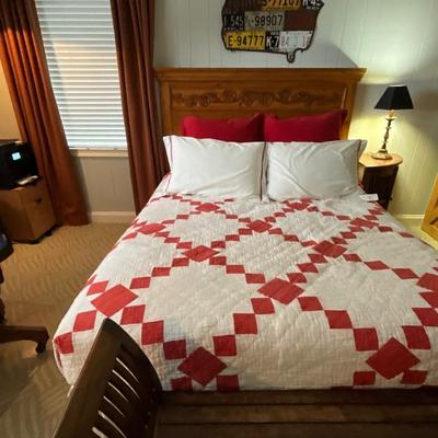 Queen Size Wood Headboard Frame, Mattress, Bedding And Bench
