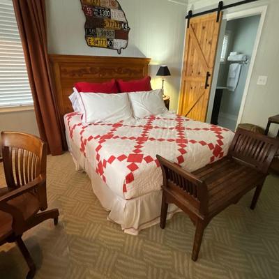 Queen Size Wood Headboard Frame, Mattress, Bedding And Bench