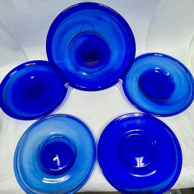 Five Large Cobalt Blue Blown Glass Plates from Mexico