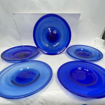 Five Large Cobalt Blue Blown Glass Plates from Mexico