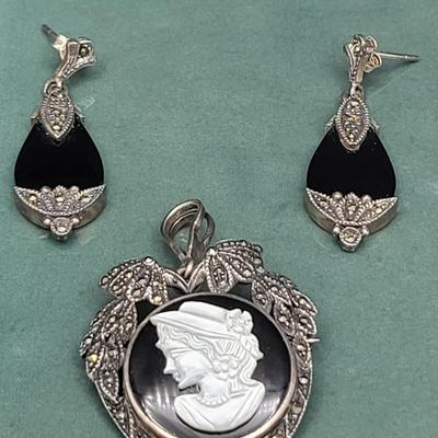 Victorian-Style Sterling Marcasite Onyx Earrings & Cameo Brooch 17.1gr