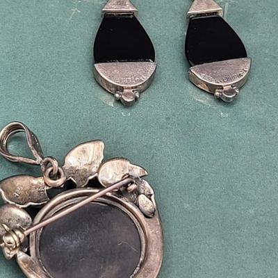 Victorian-Style Sterling Marcasite Onyx Earrings & Cameo Brooch 17.1gr