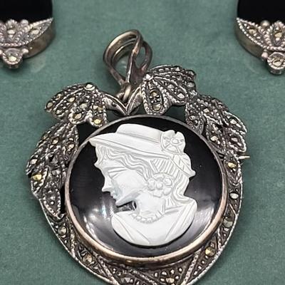Victorian-Style Sterling Marcasite Onyx Earrings & Cameo Brooch 17.1gr