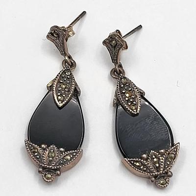 Victorian-Style Sterling Marcasite Onyx Earrings & Cameo Brooch 17.1gr