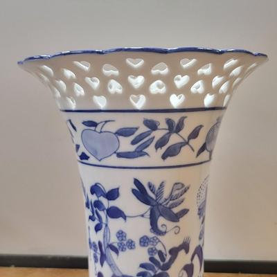 Blue White Formalities Vase Cut-Out Hearts 10.5"