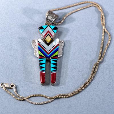 NATIVE AMERICAN "ZUNI" PENDANT WITH STERLING CHAIN BY "RAYMOND GASPER"