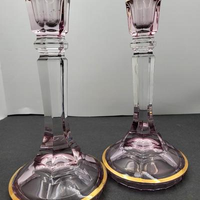 Vintage 8.5" Tall Gold Trim Lavender Candlestick Holders