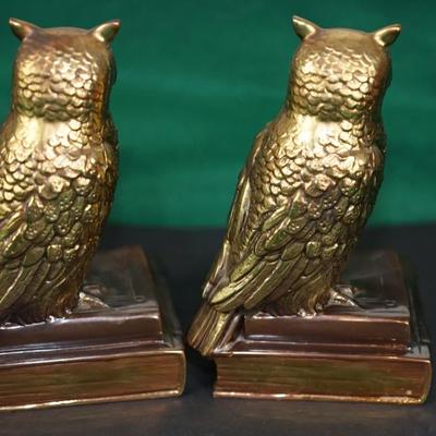 PAIR OF BRASS OWL BOOKENDS/ RESTING ON BRASS BOOKS/ 6 3/4"