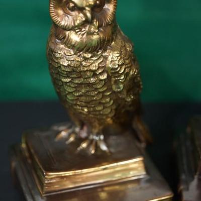 PAIR OF BRASS OWL BOOKENDS/ RESTING ON BRASS BOOKS/ 6 3/4"
