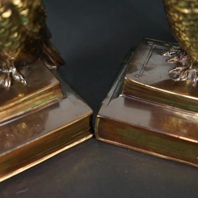 PAIR OF BRASS OWL BOOKENDS/ RESTING ON BRASS BOOKS/ 6 3/4"