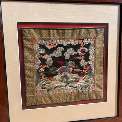 Framed Chinese Qing Dynasty Embroidered Sixth Rank Badge with Mandarin Foo-Lion, Waves and Bats