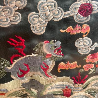 Framed Chinese Qing Dynasty Embroidered Sixth Rank Badge with Mandarin Foo-Lion, Waves and Bats