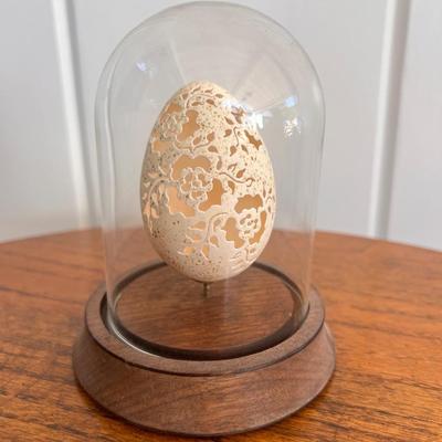 Hand Carved and Signed Goose Egg Mounted In Glass Dome Display