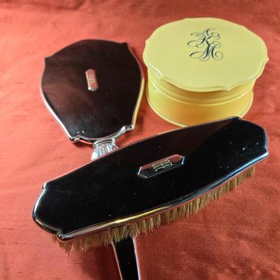 Art Deco Hand Mirror & Brush Set plus Powder Box