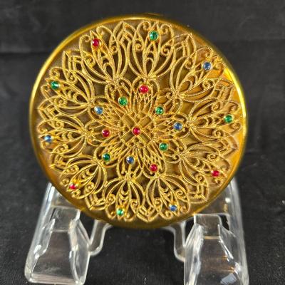 Vintage Brass Filigree with Jewels Compact
