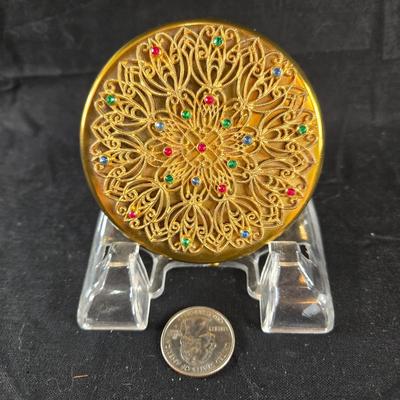 Vintage Brass Filigree with Jewels Compact