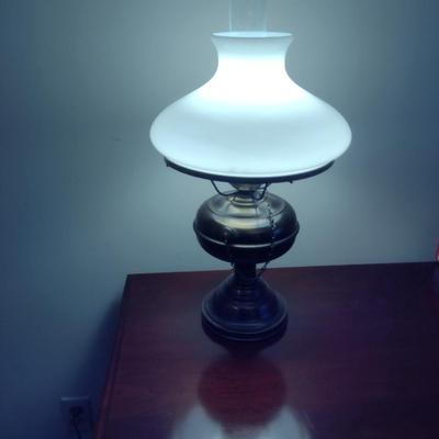 Electrified Oil Lamp Style Table Top Lamp with Glass Shade- Approx 20" Tall