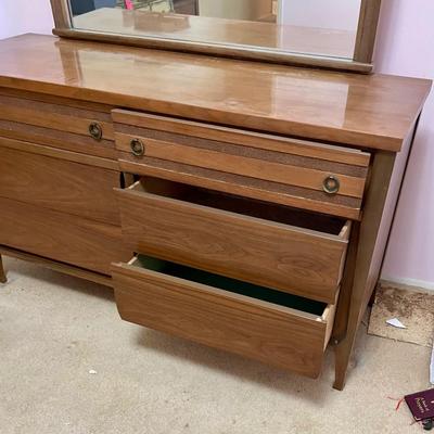 Vintage 6-Drawer Wood Dresser with Mirror Walnut Mid Century
