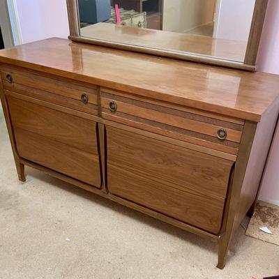 Vintage 6-Drawer Wood Dresser with Mirror Walnut Mid Century