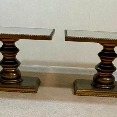 Mid Century Vintage Giltwood Pedestal Side Tables with Gallery Glass Top