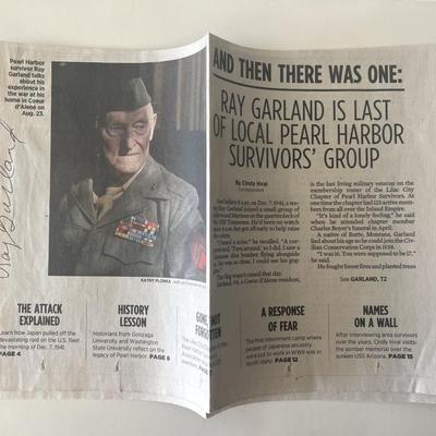 Pearl Harbor Survivor Ray Garland signed newspaper clipping 