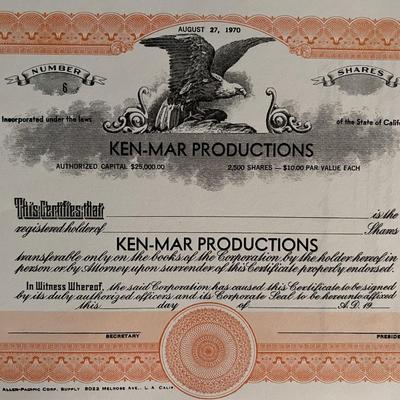 Ken-Mar Productions stock certificate. 8x11 inches