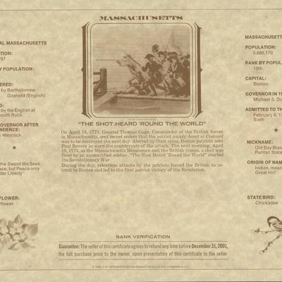 American Revolution Bicentennial Commemorative One Dollar Certificate, Massachusetts