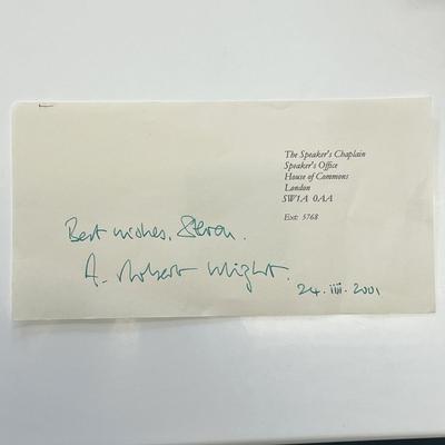 Chaplain to the Speaker of the House of Commons Robert Wright signed note