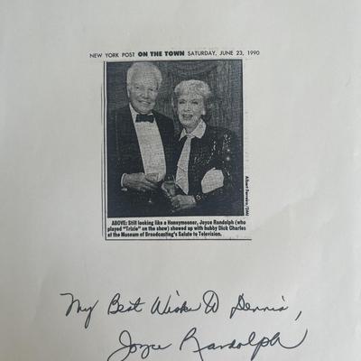 1994 Joyce Randolph signed photopied newspaper clipping
