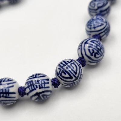 Vintage Blue & White Ceramic Bead Necklace 22"
