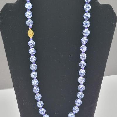 Vintage Blue & White Ceramic Bead Necklace 22"