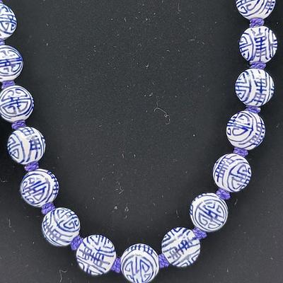 Vintage Blue & White Ceramic Bead Necklace 22"